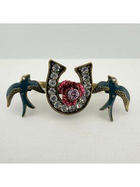 Statement Lucky Horseshoe Double Ring Rose Birds Rhinestone Brass Tone